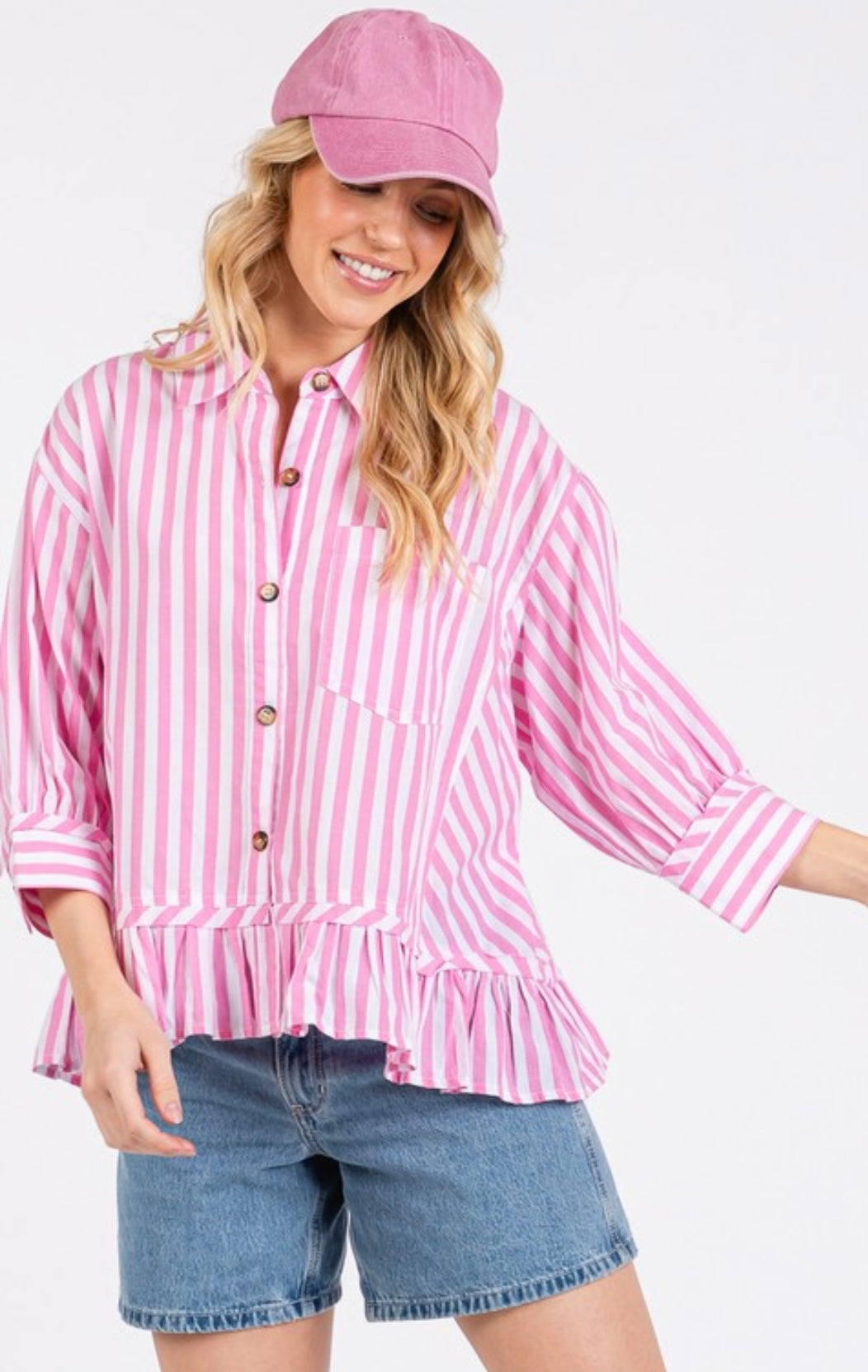 Pink Striped Button Top