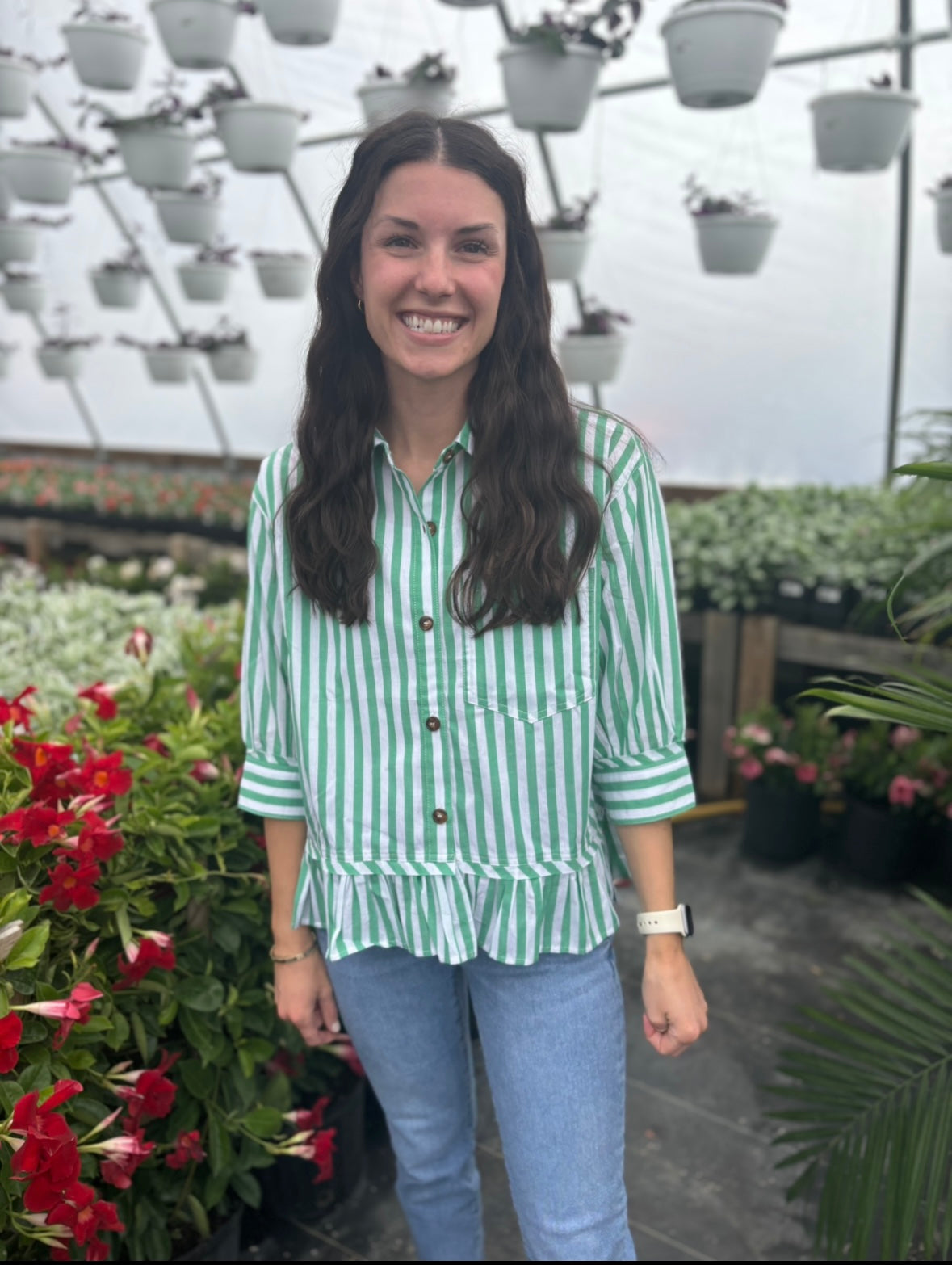 Green Striped Button Top