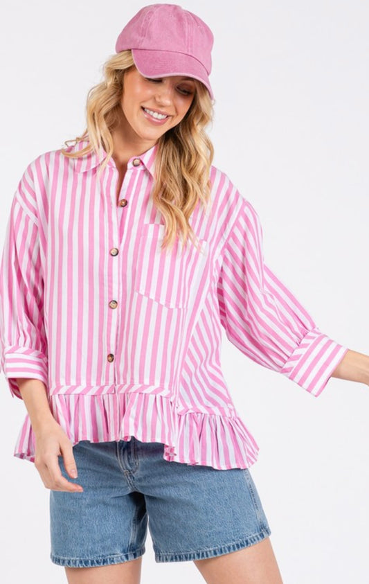 Pink Striped Button Top