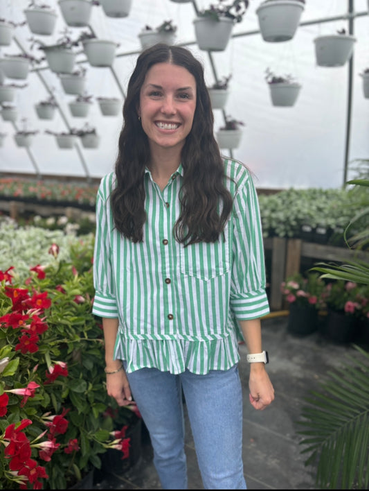 Green Striped Button Top